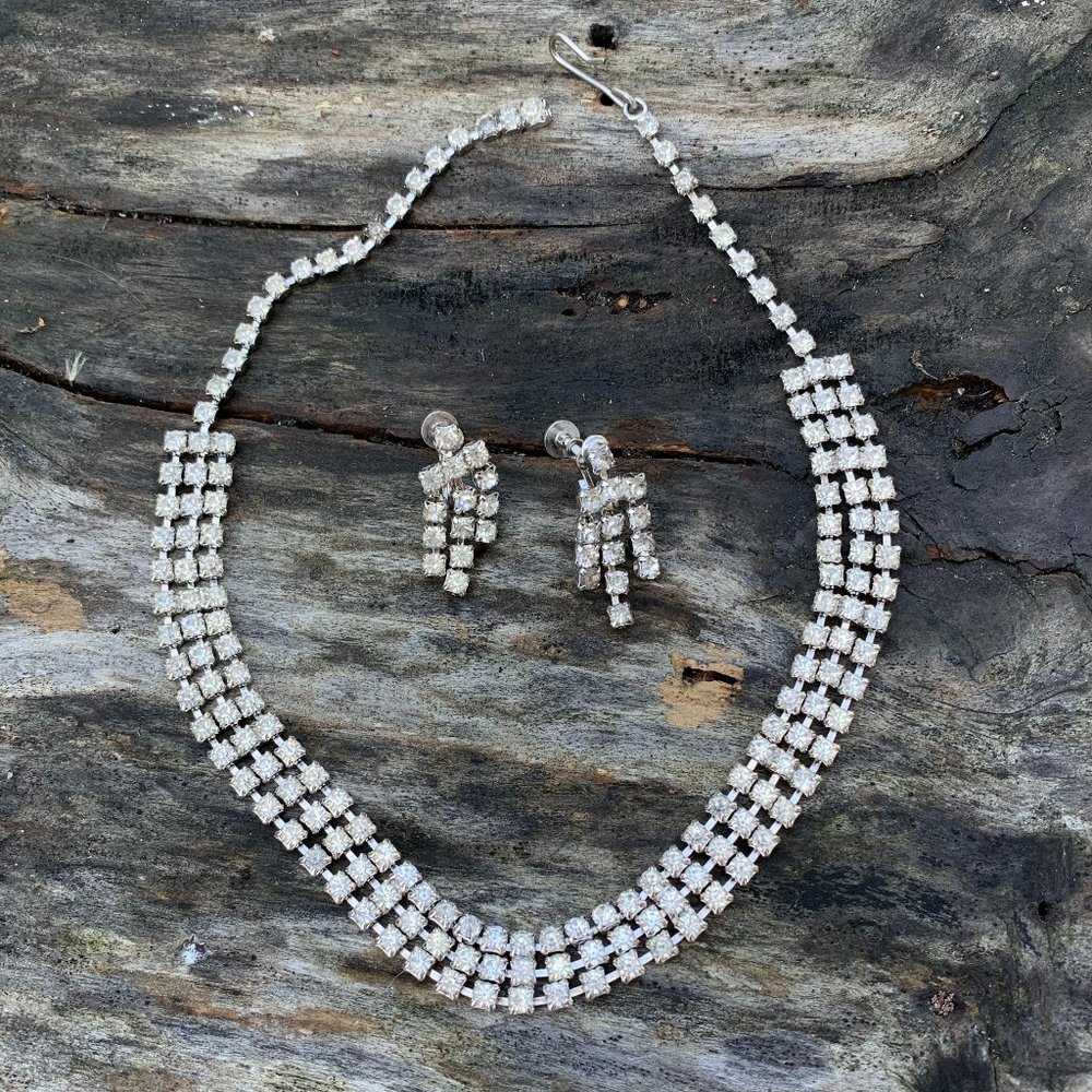 Vintage 1950s Rhodium Silver & Crystal Rhinestone Choker Necklace & Earring Set